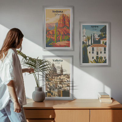 Zestaw 3 obrazów do salonu Widoki Sedona Sintra Valletta retro