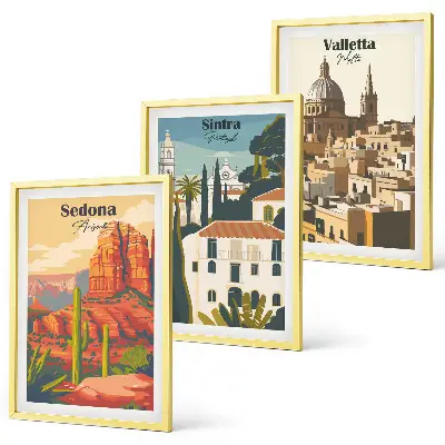 Zestaw 3 obrazów do salonu widoki Sedona, Sintra i Valletta w stylu retro