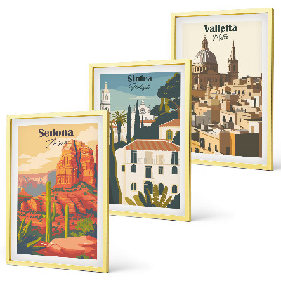 Zestaw 3 obrazów do salonu Widoki Sedona Sintra Valletta retro