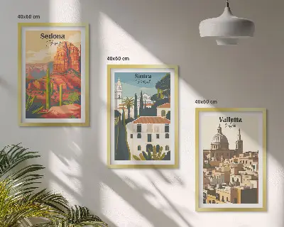Zestaw 3 obrazów do salonu widoki Sedona, Sintra i Valletta w stylu retro