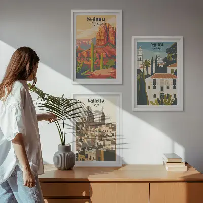 Zestaw 3 obrazów do salonu widoki Sedona, Sintra i Valletta w stylu retro
