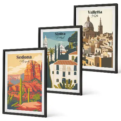 Zestaw 3 obrazów do salonu widoki Sedona, Sintra i Valletta w stylu retro
