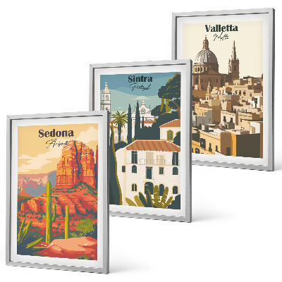 Zestaw 3 obrazów do salonu Widoki Sedona Sintra Valletta retro