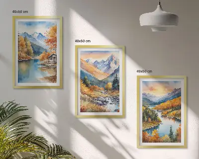 Zestaw 3 obrazów do salonu górski krajobraz z rzeką w jesiennej scenerii