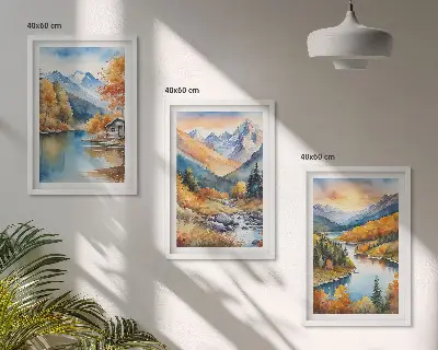 Zestaw 3 obrazów do salonu górski krajobraz z rzeką w jesiennej scenerii