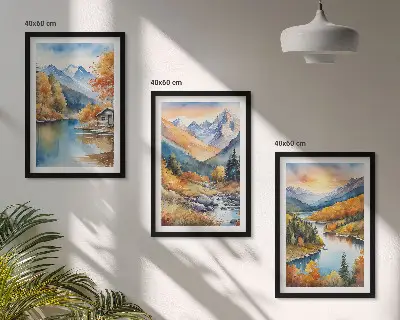 Zestaw 3 obrazów do salonu górski krajobraz z rzeką w jesiennej scenerii