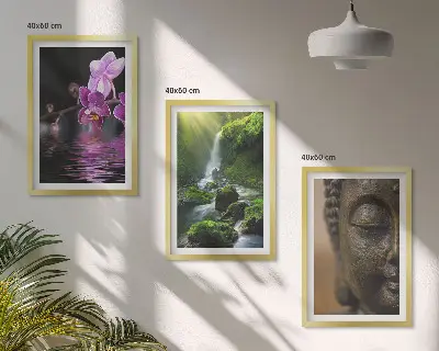 Zestaw 3 obrazów do salonu motyw kwiatów, wodospadu, Buddy i skał w stylu Zen