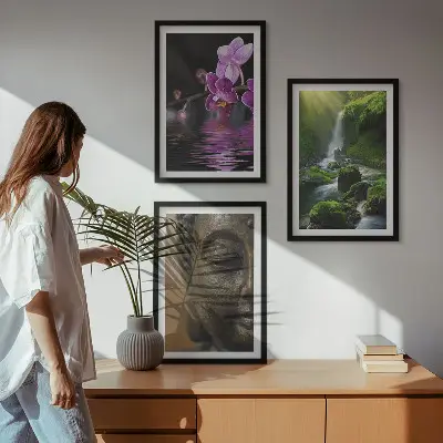 Zestaw 3 obrazów do salonu motyw kwiatów, wodospadu, Buddy i skał w stylu Zen
