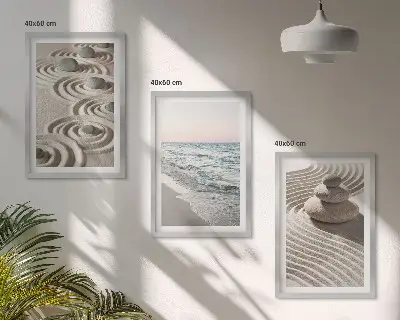 Zestaw obrazów do salonu fale, piasek, woda i kamienie na plaży