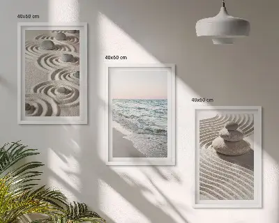 Zestaw obrazów do salonu fale, piasek, woda i kamienie na plaży