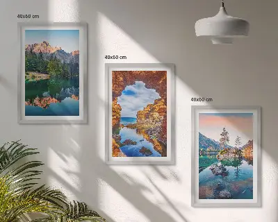 Zestaw 3 obrazów do salonu górskie jeziora z odbiciami skał