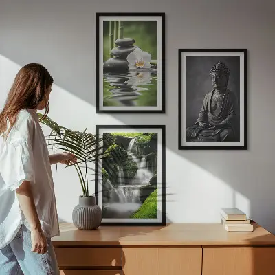 Zestaw 3 obrazów do salonu relaksujące obrazy z motywem wodnym ZEN
