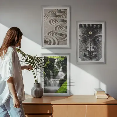 Zestaw obrazów do salonu z motywem kamieni wodospadu i Buddy Zen