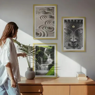 Zestaw obrazów do salonu z motywem kamieni wodospadu i Buddy Zen
