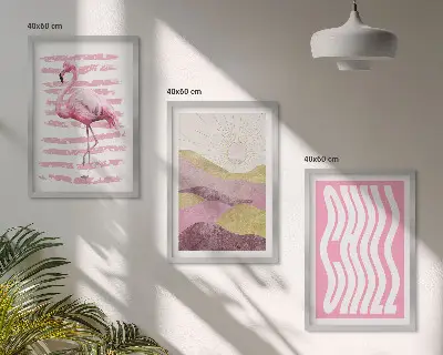 Zestaw 3 obrazów do salonu różowy flaming w pastelowym pejzażu