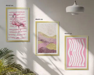 Zestaw 3 obrazów do salonu różowy flaming w pastelowym pejzażu