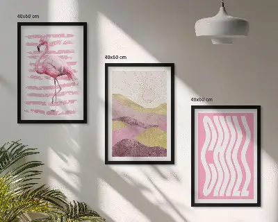 Zestaw 3 obrazów do salonu różowy flaming w pastelowym pejzażu