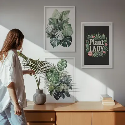 Zestaw 3 obrazów do salonu Rośliny tropikalne Plant Lady zestaw trzech obrazów ściennych z motywem roślin tropikalnych