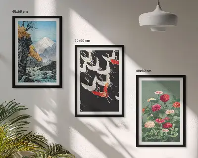 Kompozycja obrazów na ścianę góry z wodospadem oraz ptakami i kwiatami