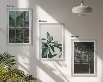 Zestaw 3 obrazów do salonu Zielone liście w oknie rośliny