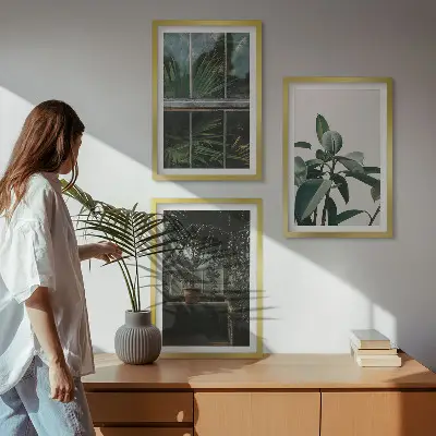Zestaw 3 obrazów do salonu Zielone liście w oknie rośliny