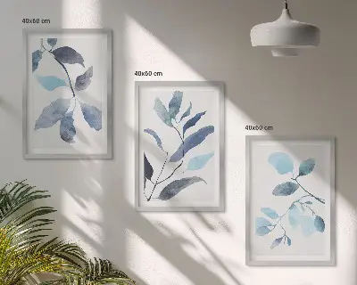 Zestaw 3 obrazów do salonu Niebieskie liście akwarela