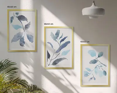 Zestaw 3 obrazów do salonu Niebieskie liście akwarela