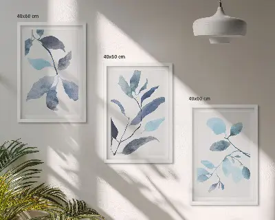 Zestaw 3 obrazów do salonu Niebieskie liście akwarela