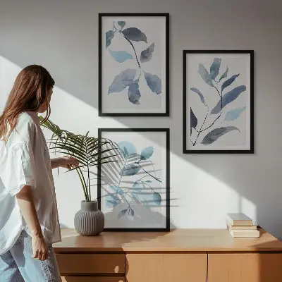 Zestaw 3 obrazów do salonu Niebieskie liście akwarela