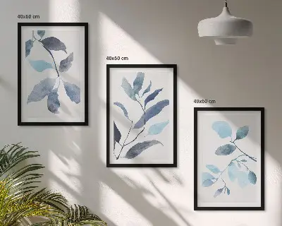 Zestaw 3 obrazów do salonu Niebieskie liście akwarela