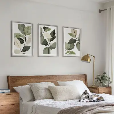 Zestaw 3 obrazów do salonu malowane liście roślin w stylu boho