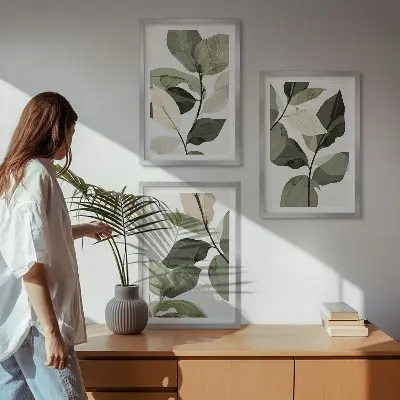 Zestaw 3 obrazów do salonu malowane liście roślin w stylu boho