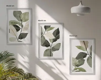 Zestaw 3 obrazów do salonu malowane liście roślin w stylu boho