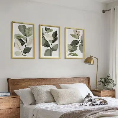 Zestaw 3 obrazów do salonu malowane liście roślin w stylu boho