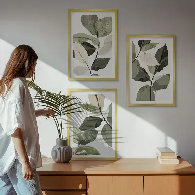 Zestaw 3 obrazów do salonu malowane liście roślin w stylu boho