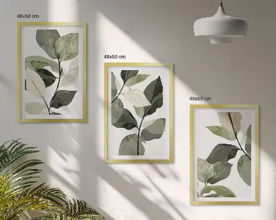 Zestaw 3 obrazów do salonu malowane liście roślin w stylu boho