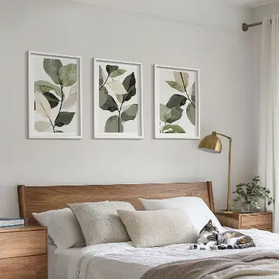 Zestaw 3 obrazów do salonu malowane liście roślin w stylu boho