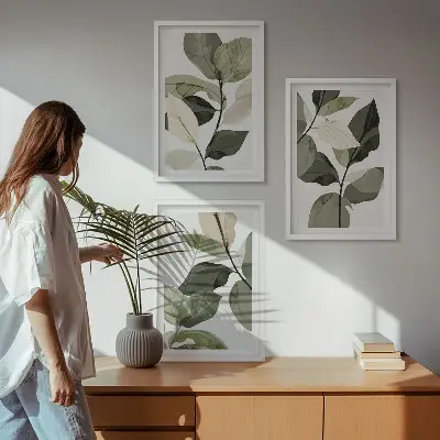 Zestaw 3 obrazów do salonu malowane liście roślin w stylu boho