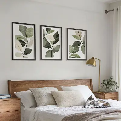 Zestaw 3 obrazów do salonu malowane liście roślin w stylu boho