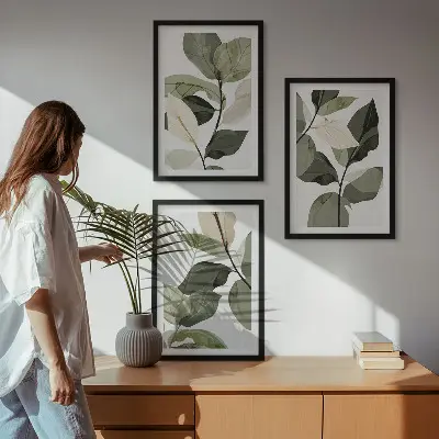 Zestaw 3 obrazów do salonu malowane liście roślin w stylu boho
