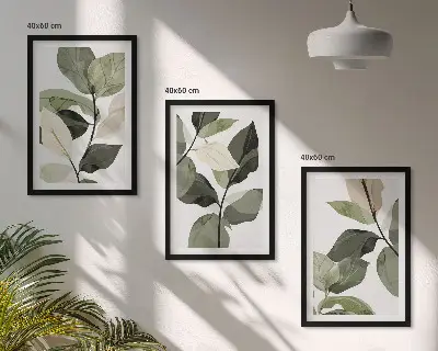Zestaw 3 obrazów do salonu malowane liście roślin w stylu boho