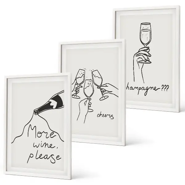 Zestaw obrazów do salonu grafika line art z motywem szampana i wina