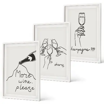Zestaw obrazów do salonu grafika line art z motywem szampana i wina