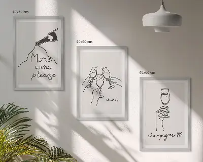 Zestaw obrazów do salonu grafika line art z motywem szampana i wina
