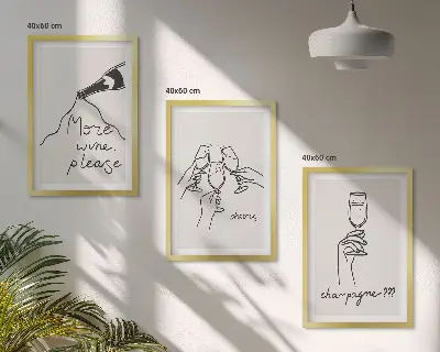 Zestaw obrazów do salonu grafika line art z motywem szampana i wina
