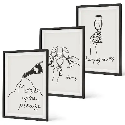 Zestaw obrazów do salonu grafika line art z motywem szampana i wina