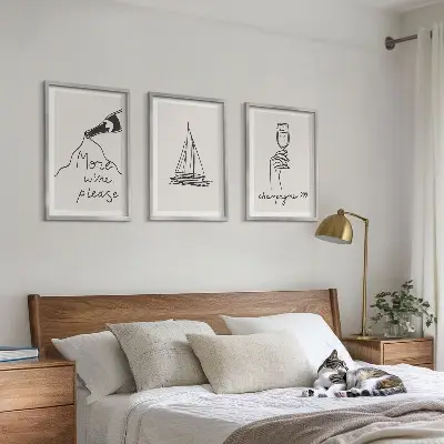Zestaw 3 obrazów do salonu wino żaglówka i kieliszek w stylu line art