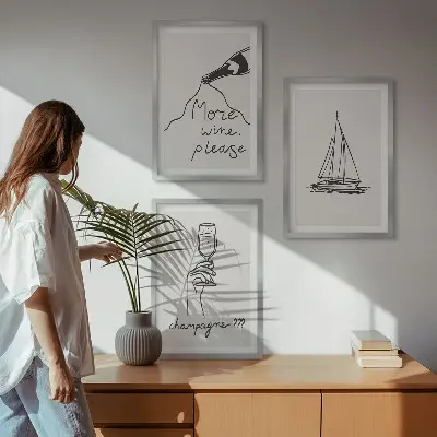 Zestaw 3 obrazów do salonu wino żaglówka i kieliszek w stylu line art
