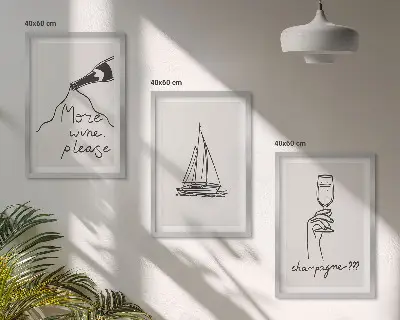 Zestaw 3 obrazów do salonu wino żaglówka i kieliszek w stylu line art