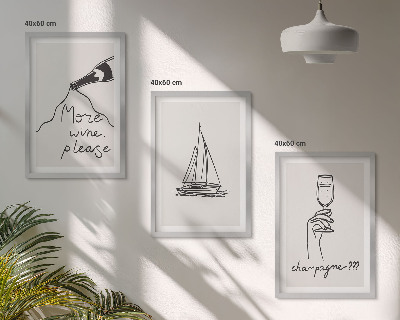 Zestaw 3 obrazów do salonu Wino żaglówka kieliszek line-art